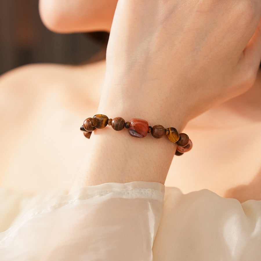 Zen Harmony Beaded Bracelet with agarwood, agate, and tiger eye stones in natural earthy tones
