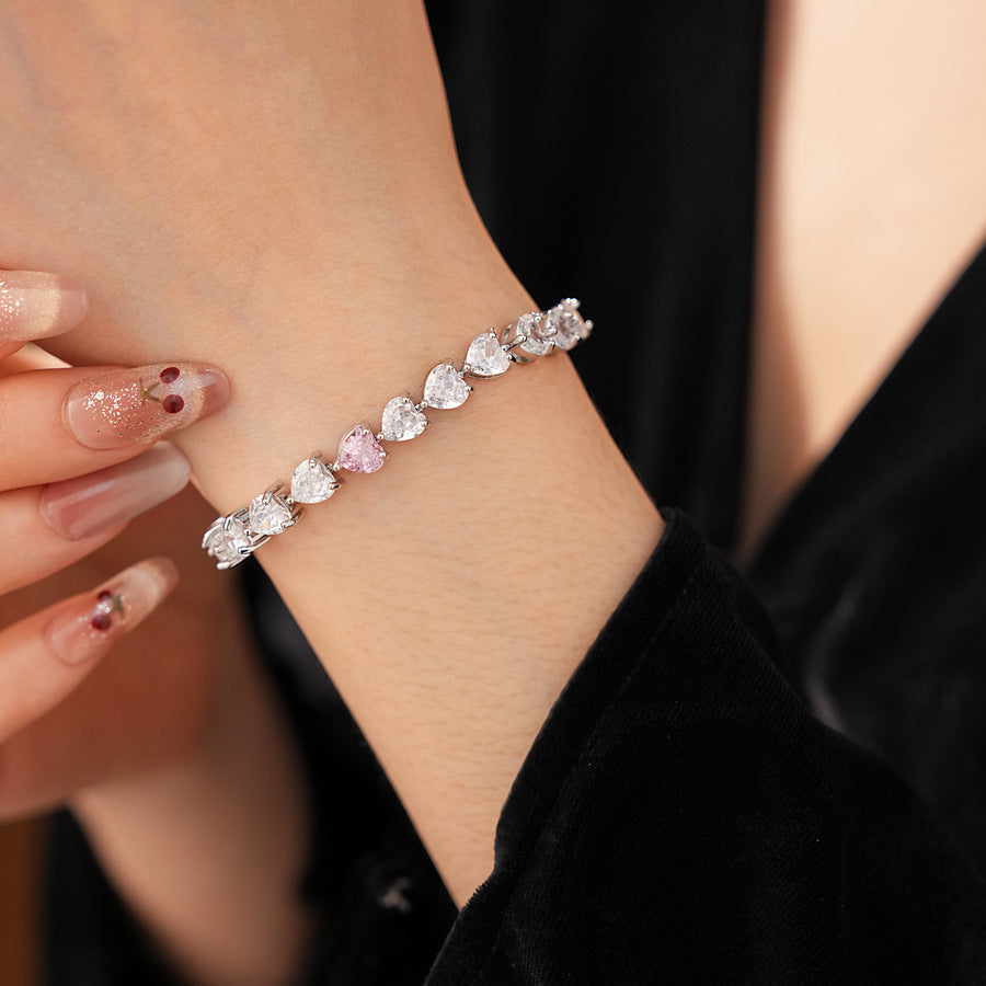 Pure Amour Bracelet with heart-cut white and pink zircon stones on gold clasp – Glazenya jewelry