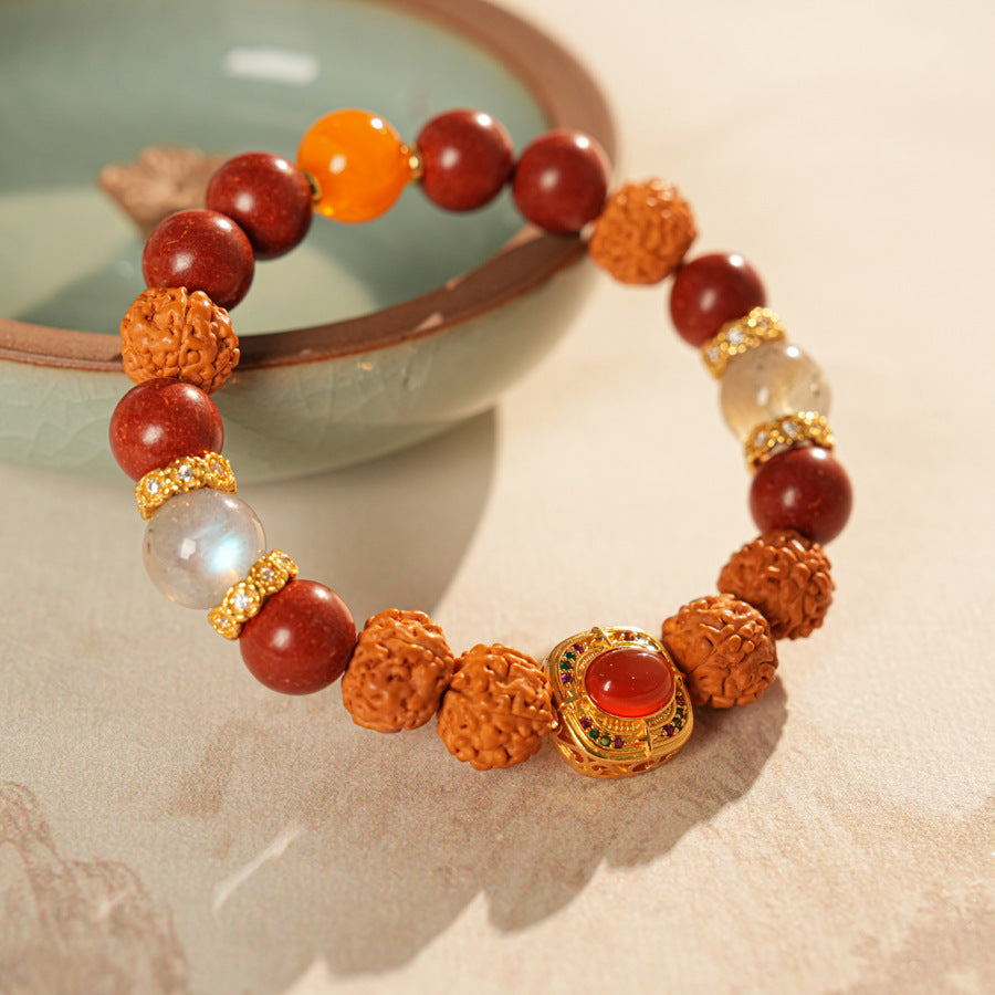 New Chinese style bracelet with natural agate, amber-style beeswax and moonstone beads, gold-tone blessing centerpiece