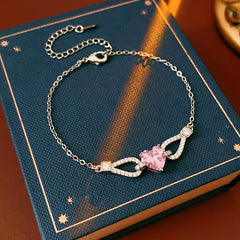 Amour Pink Zircon Bracelet with heart-shaped pink zircon and pavé accents on silver chain – Glazenya jewelry