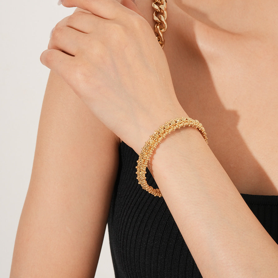 Gold and silver textured open cuff bangles with a lace-like granulated surface — Starlit Lace Cuff Bracelet.