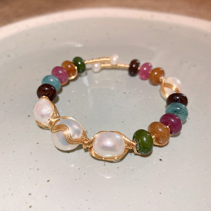 Aurora Pearl Gemstone Bracelet – Handcrafted luxury bracelet with freshwater pearls and multicolor natural gemstones, gold wire detail – Glazenya
