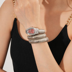 Silver tubular coil wrap cuff bracelet with pavé teardrop end cap — Serpentine Coil Wrap Cuff by Glazenya.