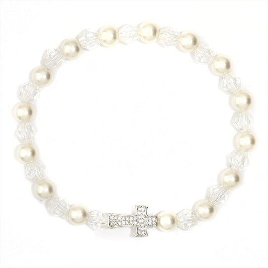 Blessed Pearl Cross Charm Bracelet — First Communion & Baptism Gift