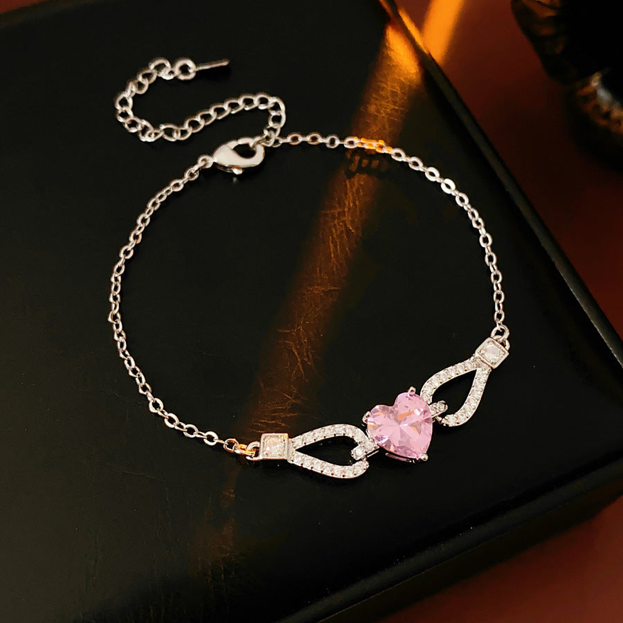 Amour Pink Zircon Bracelet with heart-shaped pink zircon and pavé accents on silver chain – Glazenya jewelry
