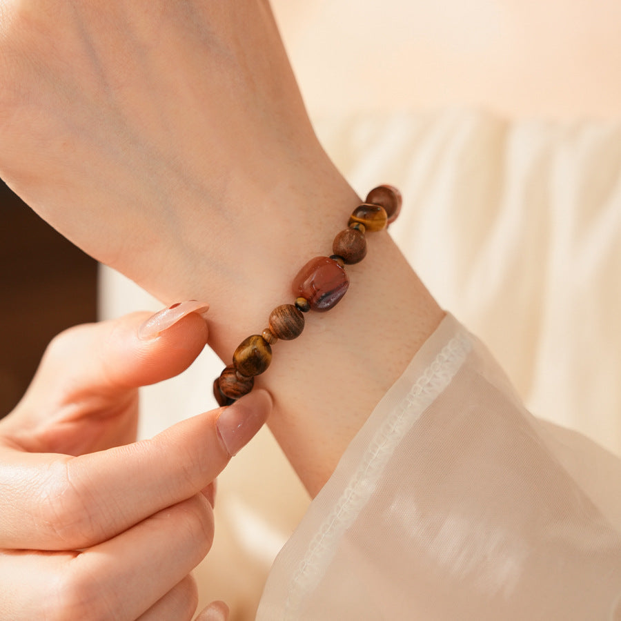 Zen Harmony Beaded Bracelet with agarwood, agate, and tiger eye stones in natural earthy tones
