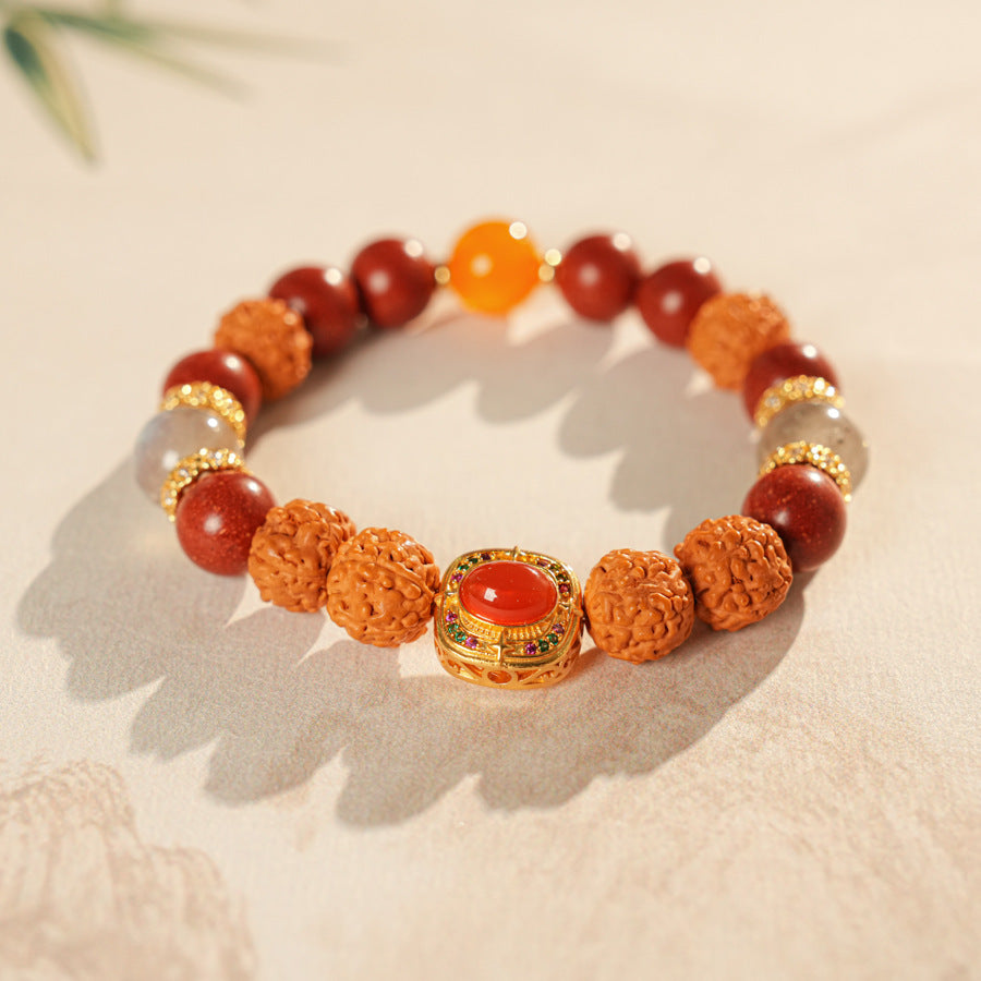 New Chinese style bracelet with natural agate, amber-style beeswax and moonstone beads, gold-tone blessing centerpiece