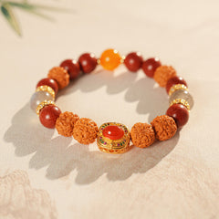New Chinese style bracelet with natural agate, amber-style beeswax and moonstone beads, gold-tone blessing centerpiece