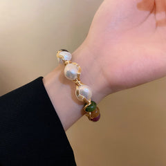 Aurora Pearl Gemstone Bracelet – Handcrafted luxury bracelet with freshwater pearls and multicolor natural gemstones, gold wire detail – Glazenya