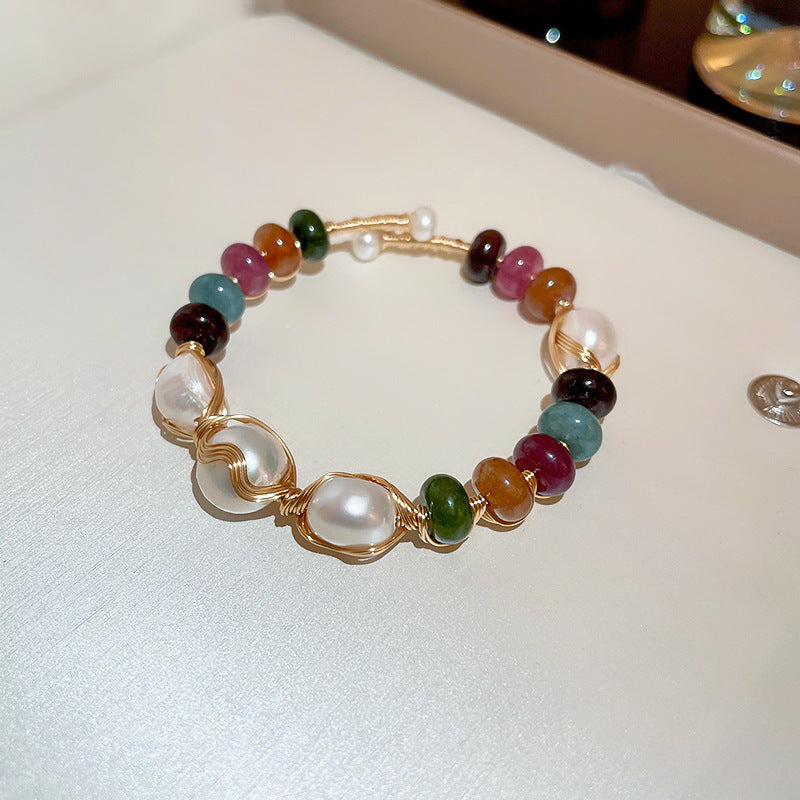 Aurora Pearl Gemstone Bracelet – Handcrafted luxury bracelet with freshwater pearls and multicolor natural gemstones, gold wire detail – Glazenya