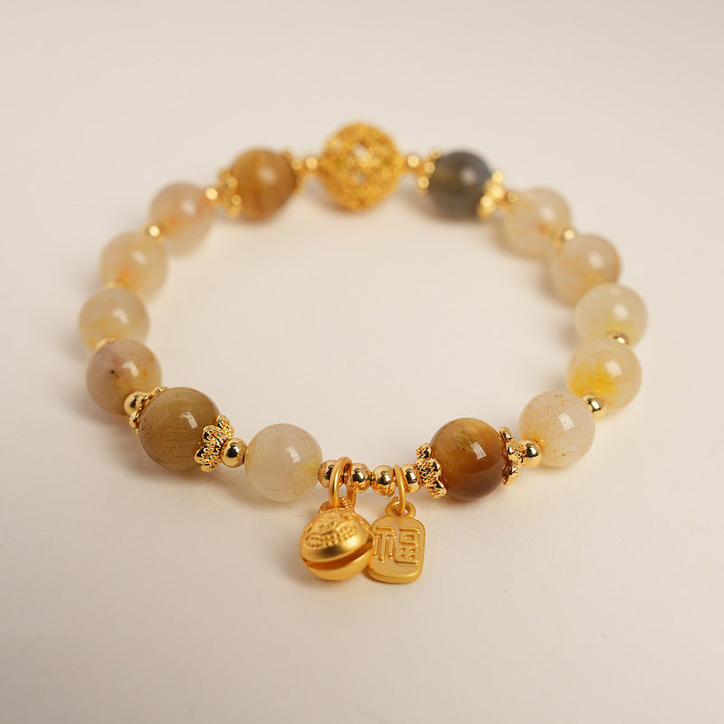 Crystal beaded bracelet with gold-tone accents and fortune & ingot charms, light-luxury style
