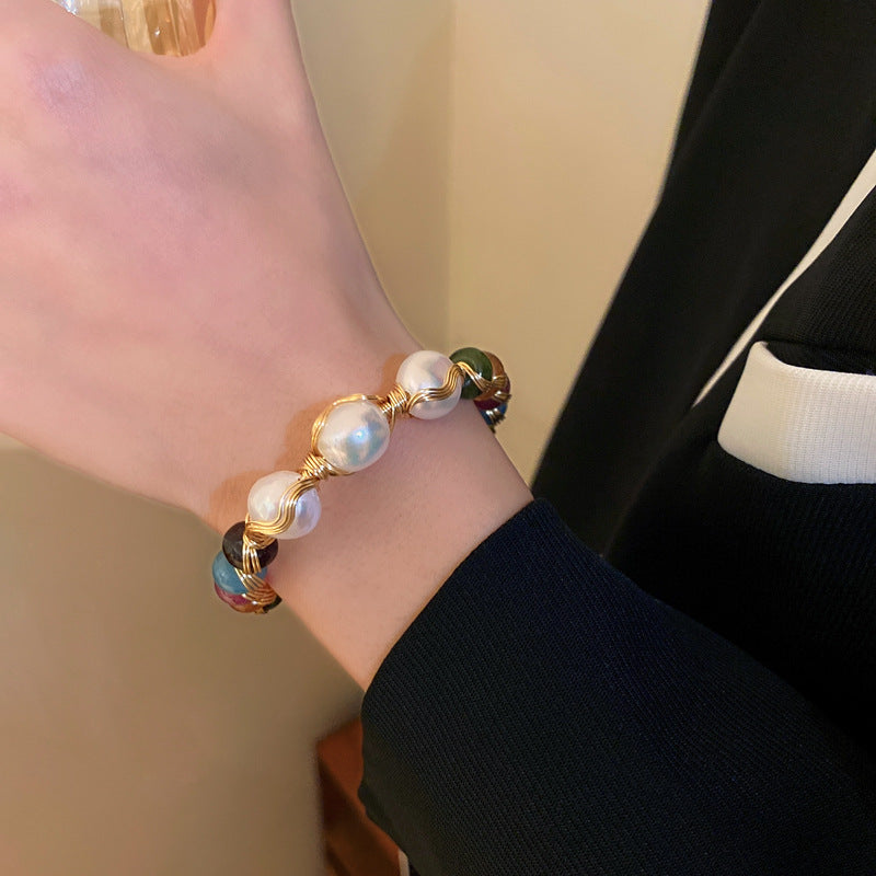 Aurora Pearl Gemstone Bracelet – Handcrafted luxury bracelet with freshwater pearls and multicolor natural gemstones, gold wire detail – Glazenya