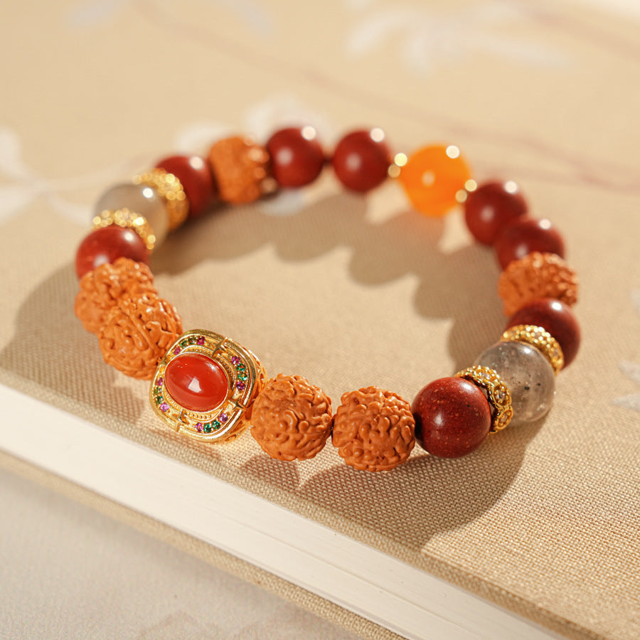 New Chinese style bracelet with natural agate, amber-style beeswax and moonstone beads, gold-tone blessing centerpiece
