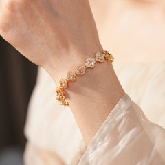 Eternal Flora Bracelet with gold-plated floral zircon motifs on black background – Glazenya jewelry