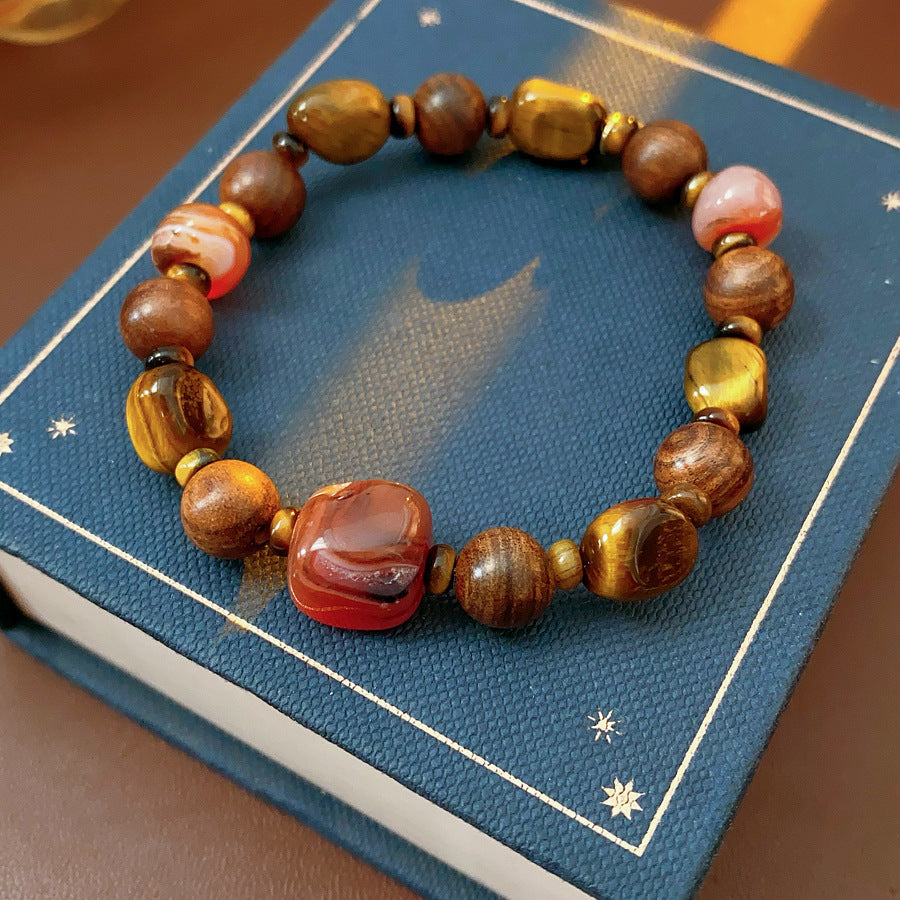 Zen Harmony Beaded Bracelet with agarwood, agate, and tiger eye stones in natural earthy tones