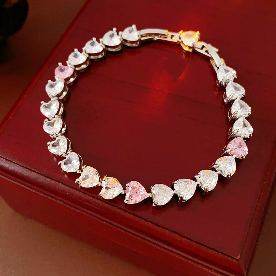 Pure Amour Bracelet with heart-cut white and pink zircon stones on gold clasp – Glazenya jewelry