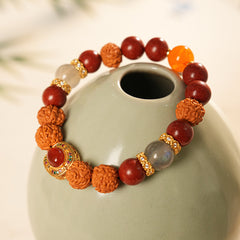 New Chinese style bracelet with natural agate, amber-style beeswax and moonstone beads, gold-tone blessing centerpiece