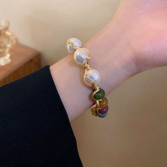 Aurora Pearl Gemstone Bracelet – Handcrafted luxury bracelet with freshwater pearls and multicolor natural gemstones, gold wire detail – Glazenya