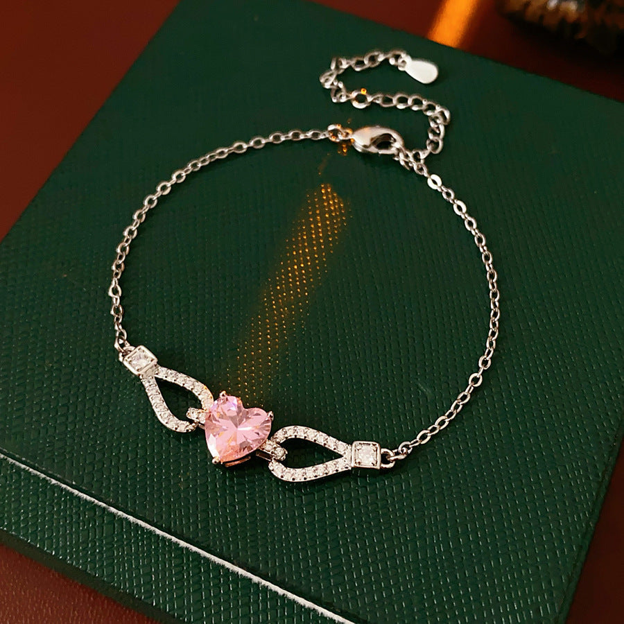 Amour Pink Zircon Bracelet with heart-shaped pink zircon and pavé accents on silver chain – Glazenya jewelry