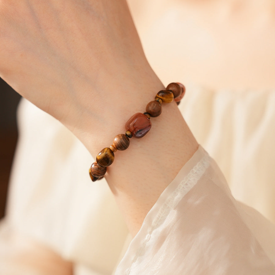Zen Harmony Beaded Bracelet with agarwood, agate, and tiger eye stones in natural earthy tones