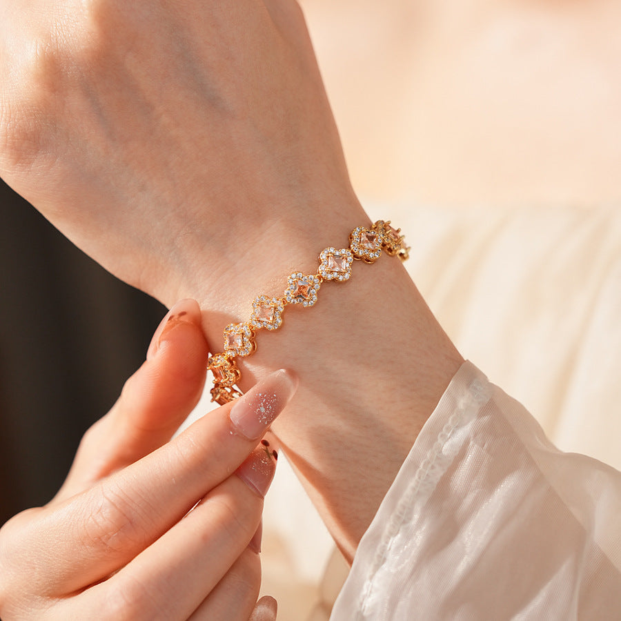 Eternal Flora Bracelet with gold-plated floral zircon motifs on black background – Glazenya jewelry